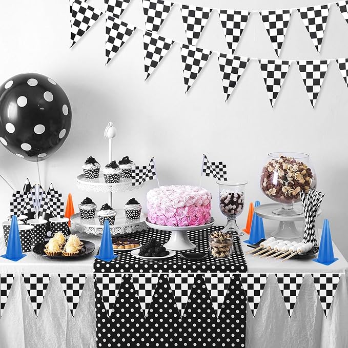 Two Fast Birthday Decro,13ft (2ft Wide)Race Floor Runner(1pc),Racing Checkered Flags (12pcs),16ft Black and White Checkered Banner(1pc),Racing Themed Party Centerpiece Supplies.Two Fast Decorations.Lightning Mcqueen Birthday Decorations