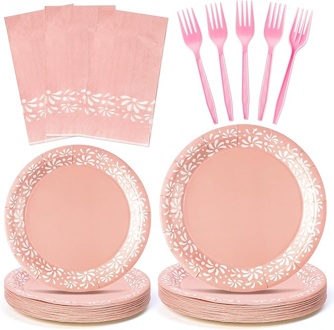 96Pcs Pink Platos De Barro Mexicanos Cielito Lindo Terracotta Clay Party Plates Supplies Tableware Decorations Disposable Paper Plates Napkins Forks for Birthday Baby Shower, Serves 24