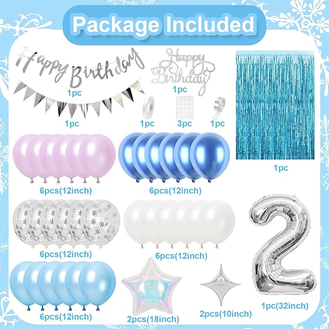 2nd Snow Birthday Decorations for Girl, Blue Purple Balloons with Happy Birthday Banner Curtain Silver Number 2 Balloon Iridescent Star Foil Balloons for Girls Baby Shower Birthday Party Supplies