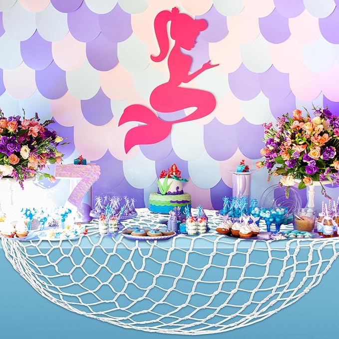 Unittype 8 Pcs Fish Net Decorative and Tablecloth Set, Cotton Fishnet and Plastic Table Cover Decorations Set for Nautical Themed Party Baby Shower Pirate Decorations Mermaid Party (Natural Colors)