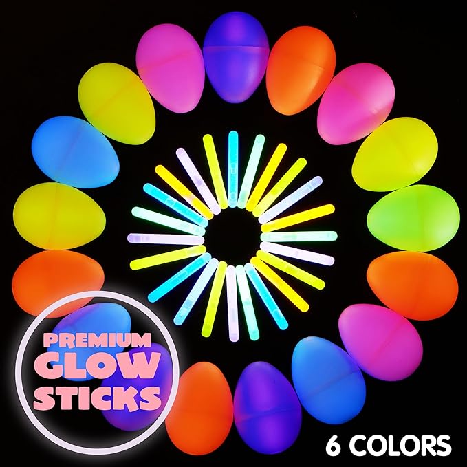 JOYIN 100 Pcs Easter Eggs with 150 Pcs Mini Glow Sticks for Kids Glow-in-The-Dark Basket Stuffers Fillers Gift, Easter Eggs Hunt Game Party Favors Classroom Decorations Supplies