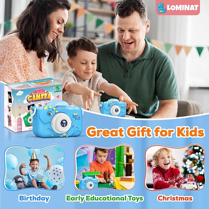 Kids Camera for 3, 4, 5, 6, 7, 8, 9 Year Old Boys Girls – 1080P HD Kids Video Camera, Dinosaur Christmas Birthday Gifts Dual Lens Digital Camera with Games, Toys for Toddlers - 32GB SD Card