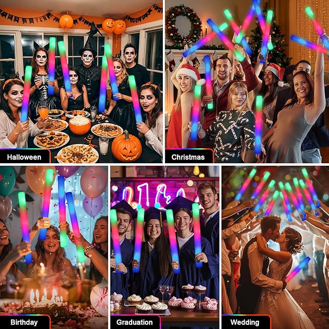 155 Foam Glow Sticks Bulk, Foam Light Up Sticks, Bulk Glow Sticks, LED Foam Sticks with 3 Mode Colorful Flashing,Glow in the Dark Party Supplies for Wedding, Birthday, Concert, Raves, New Year