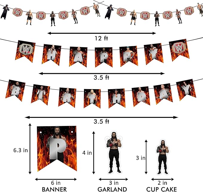 WWWE Theme Birthday Party Supplies – Wrestling Birthday Decorations for Boys Party Pack, Wrestler Cake Toppers, Banners & Garland - Birthdays Decoration Set.