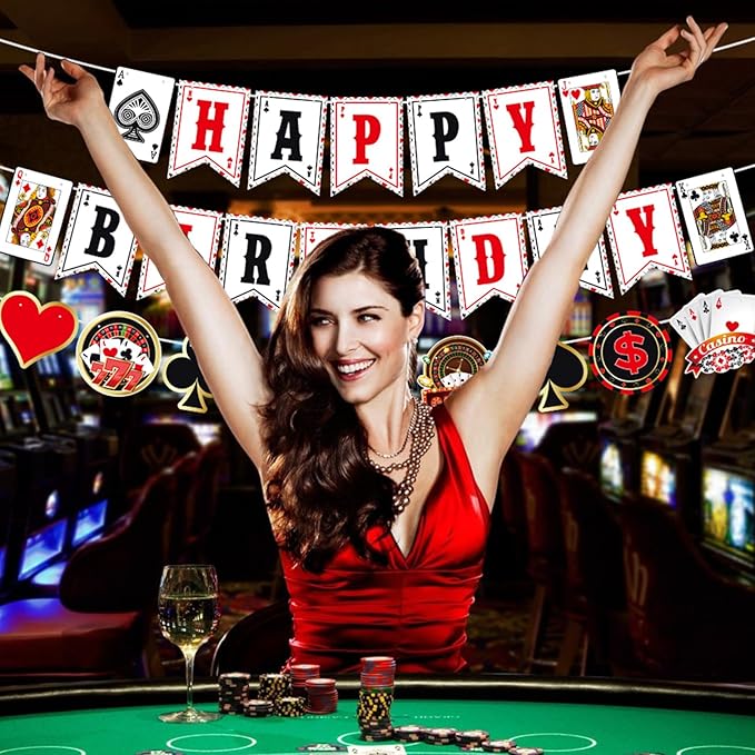 Zwiebeco Casino Theme Happy Birthday Banner Colorful Poker Sign Hanging Paper Party Decorations for Men Women Playing Cards Game Themed Accessories Supplies