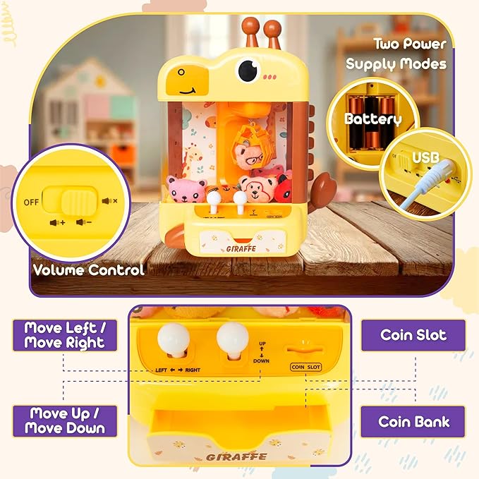 Claw Machine for Kids - Mini Arcade Game - Vending Machine - Candy Grabber Toys - Silent Mode, Lights, USB - Plush Toys & Easter Eggs, Surprise Stickers - Fun Gift for Kids, Boys & Girls (Giraffe)