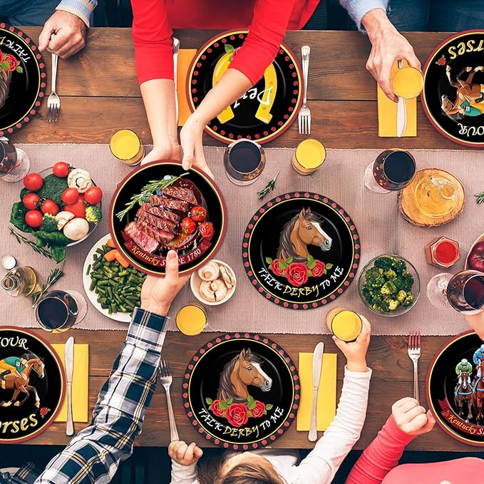 48Pcs Derby Day Party Paper Plates for Horse Racing Themed Party Supplies 7" Kentucky Horse Racing Day Party Disposable Dessert Roses Plates for Derby Horse Race Run Talk Derby to Me Party Decorations