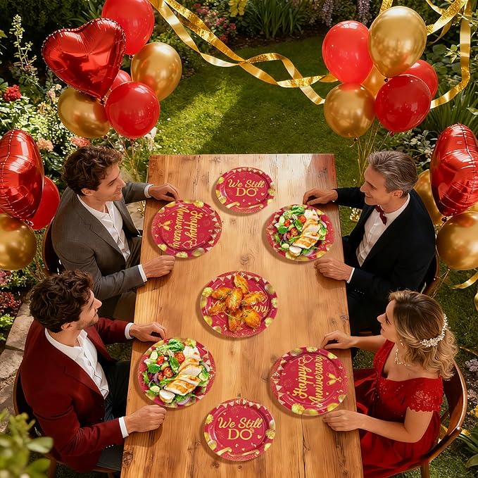 96Pcs Happy Anniversary Party Supplies Red Gold Wedding Plates and Napkins We Still Do Tableware Set for Men Women 40th 50th 60th Wedding Anniversary Party Supplies，Serves 24