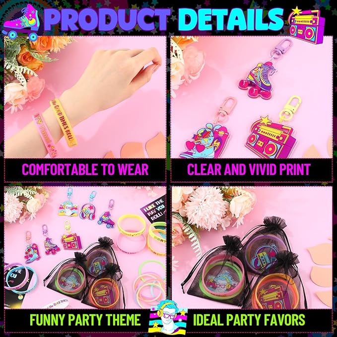 120 Pcs Roller Skate Party Supplies Roll Party Supplies Include Skate Keychain Glow in The Dark Silicone Wristband Luminous Bracelet Thank You Card for Retro 80s 90s Hip Hop Birthday