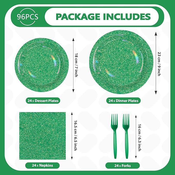 96 Pcs St. Patrick’s Day Party Supplies 350 GSM Spring Iridescent Green Rainbow Plates and Napkins Tableware Sets for St. Patrick's Day Festival Birthday Party Decorations Favors Serves 24
