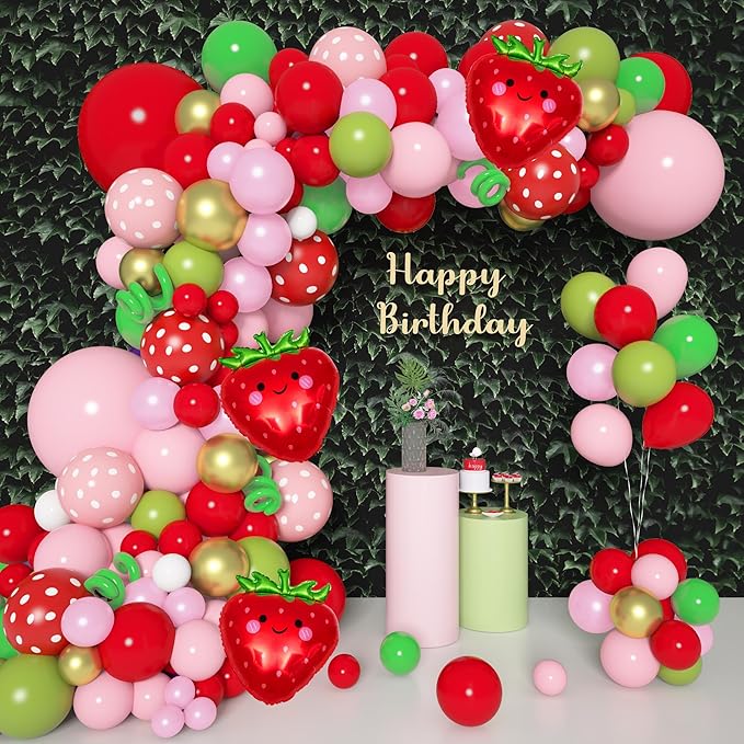 Amandir 162Pcs Strawberry Birthday Party Decorations Strawberry Balloons Garland Arch Kit Berry First Birthday Party Supplies for Girls Summer Fruit Party Decor