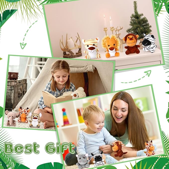 HyDren 24 Pcs Mini Stuffed Forest Animals Bulk Jungle Animal 4.8 Inch Lovely Toys Lion Tiger Elephant Giraffe Plush for Classroom Gift Stockings Filler Christmas(Single Style)