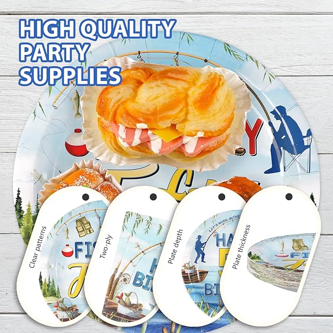96Pcs Fishing 50th Birthday Party Decorations 50 Years Old Paper Plates and Napkins Disposable Gone Fishing Fifty Tableware Set for Fisherman Happy 50th Birthday Party Supplies, Serves 24