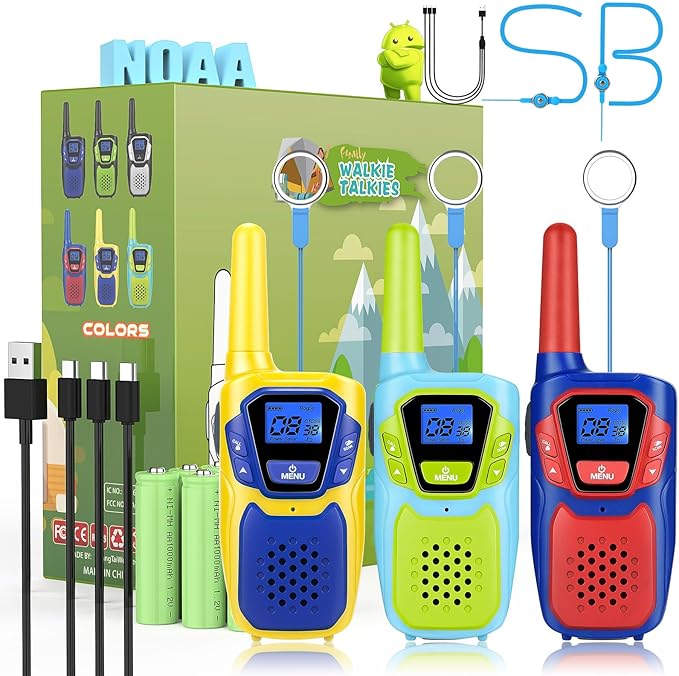Walkie Talkies for Kids Adults Long Range Rechargeable 3 Pack, FRS 2 Way Radio Toy for 3-12 Year Old Boys Girls Toddlers, Shockproof NOAA Walkie-Talkie for Family Camping Skiing Cruise