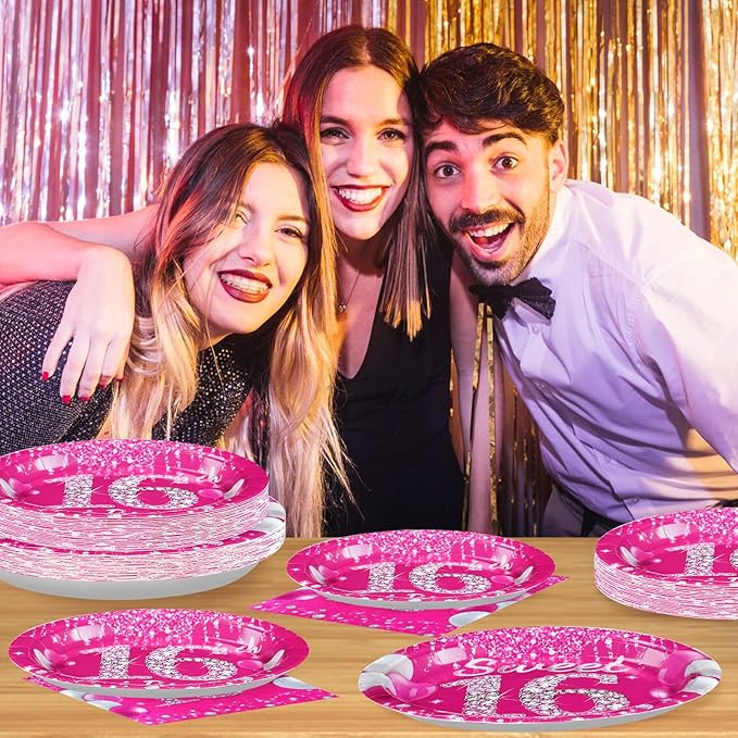 96Pcs 16th Birthday Party Supplies 350 GSM Hot Pink Sweet 16 Plates and Napkins Tableware Sets Sixteenth Birthday Decorations for Girls Happy 16 Years Old Party Favors, Serves 24