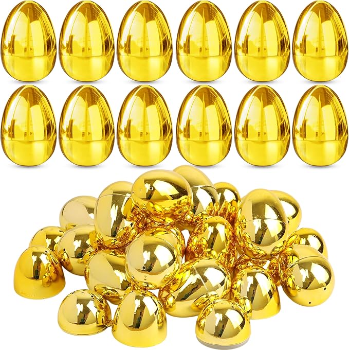 48 Pack Gold Easter Eggs, 2.4 Inch Metallic Plastic Empty Golden Eggs Fillable for Easter Eggs Hunt, Easter Basket Stuffers Fillers, Classroom Prize Supplies, Filling Treats and Party Favors