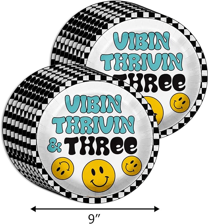 Vibin Thrivin' and Three Smiley Face 3rd Birthday Party Supplies - 64 Piece Boys Third Birthday Tableware Set Includes Large 9" Dinner Plates and 8" Dessert Paper Plates Napkins Cups - Kit for 16
