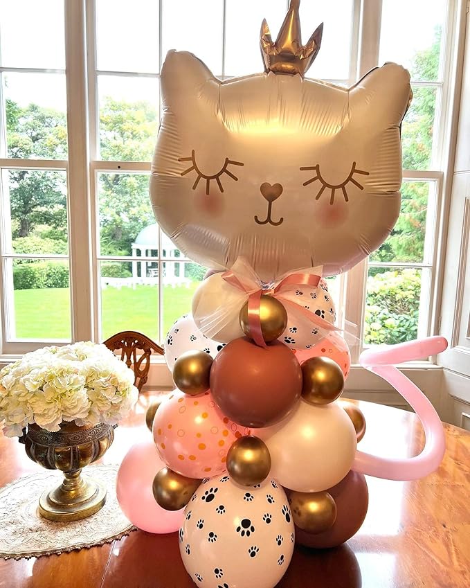 Giant Cat Balloons 28 Inch Adorable Crown Kitty White Cat Balloons for Kitten Pet Cat Theme Birthday Party Decorations