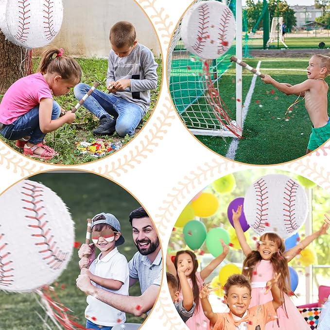 Baseball Piñata with Blindfold Bat for Birthday Party Softball Paper Piñata Sports Balls Confetti Baseball Party Supplies for Birthday Party Decorations 13.19 x 13.19 x 3 Inch(Simple)