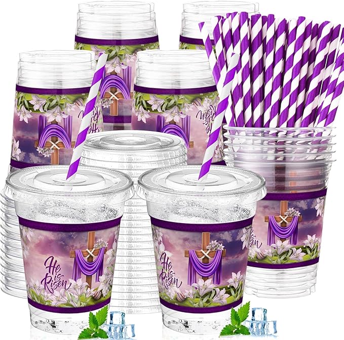 50 Set Easter He Is Risen Disposable Plastic Cups 12 oz with Lids Straws Religious Christian Easter Party Drinking Cups Spring Lily Floral Drinkware for Egg Hunt Holiday Party Supplies
