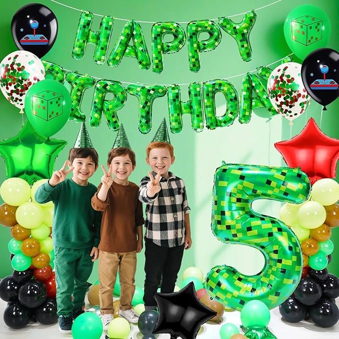40in Pixel Number 5 Balloon Birthday Decorations, Miner Theme Foil Balloons banner Blast Gaming Party Supplies