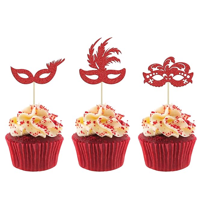 Gyufise 24Pcs Masquerade Masks Cupcake Toppers Red Glitter Bachelorette Mask Cupcake Topper Mask Cake Picks Decorations for Masquerade Mardi Gras Party Baby Shower Birthday Party Supplies