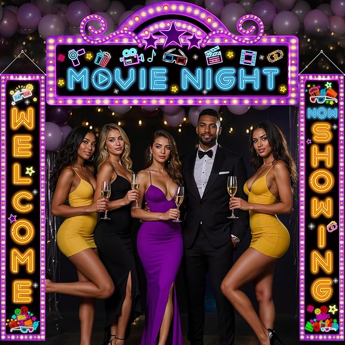3Pcs Movie Night Porch Banner Decorations Neon Movie Theme Party Hanging Banner Welcome Now Showing Sign Door Decor Camera Action Porch Sign for Theater Film Photography Background Party Supplies