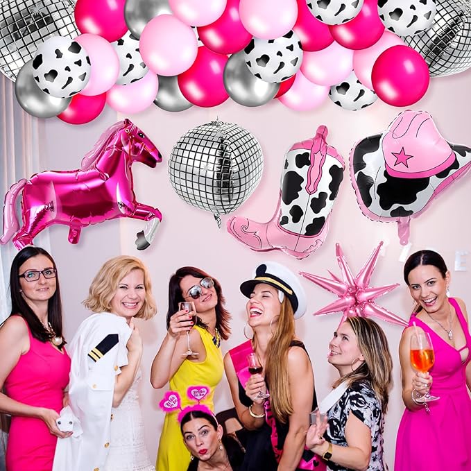 Hungdao 23 Pcs Cowgirl Theme Party Balloons Set Cow Print Cowgirl Hat Boot Pink Silver Star Balloons Ribbon for Western Theme Decorations Retro Horse Rodeo Party Supplies (Horse)