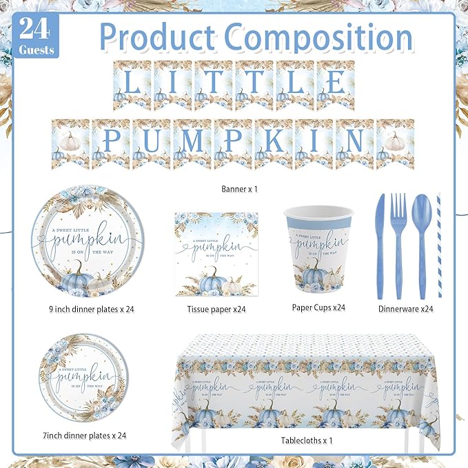 194Pcs Fall Pumpkin Baby Shower Decorations for Boys, Boho Floral Pampas Grass Little Pumpkin Party Supplies Disposable Tableware Set Plates Napkins Banners Plastic Tablecloth for Baby Shower