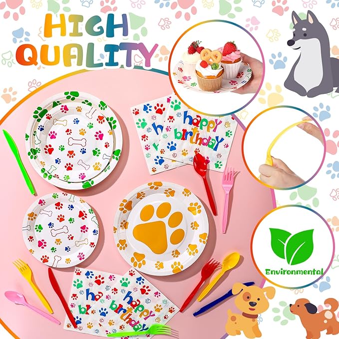 Gejoy 96pcs Dog Birthday Party Decorations Set Include Dog Print Plates Knives Forks Spoons Napkins Puppy Paw Tableware for Puppy Theme Party Supplies Kit(Bright Color)
