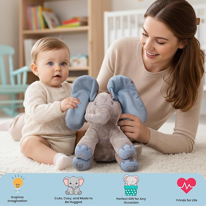 Dimple Kyle Peek A Boo Elephant Toy, Interactive Singing Stuffed Elephant Plush with Moving Ears, Musical Stuffed Animal for Babies and Toddlers, Adorable Baby Toy