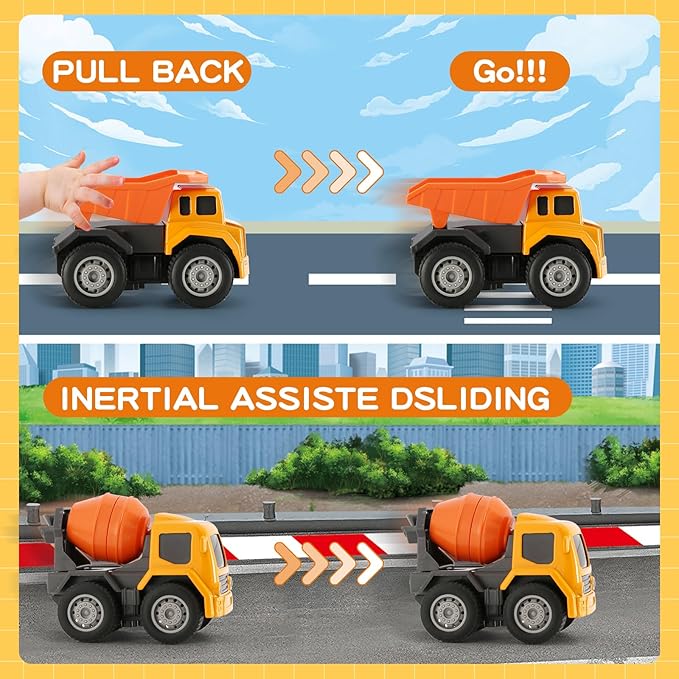 6-in-1 Mini Die Cast Alloy Construction Vehicle Set, Pull Back Toy Cars for 3 4 5 Year Old Boys Girls, Outdoor Boys Girls Toys, Ideal Gift for Birthday Party Favors & Christmas Stocking Stuffers