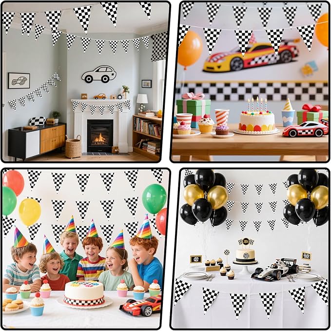 HOOSUN Checkered Flag Banner Race Cars Birthday Decorations,98 Ft 48 Pcs Checkered Flag Party Supplies,Racing Flags Decorations,Black and White Race Car Flag Pennant Banner for Nascar Cars Theme Party