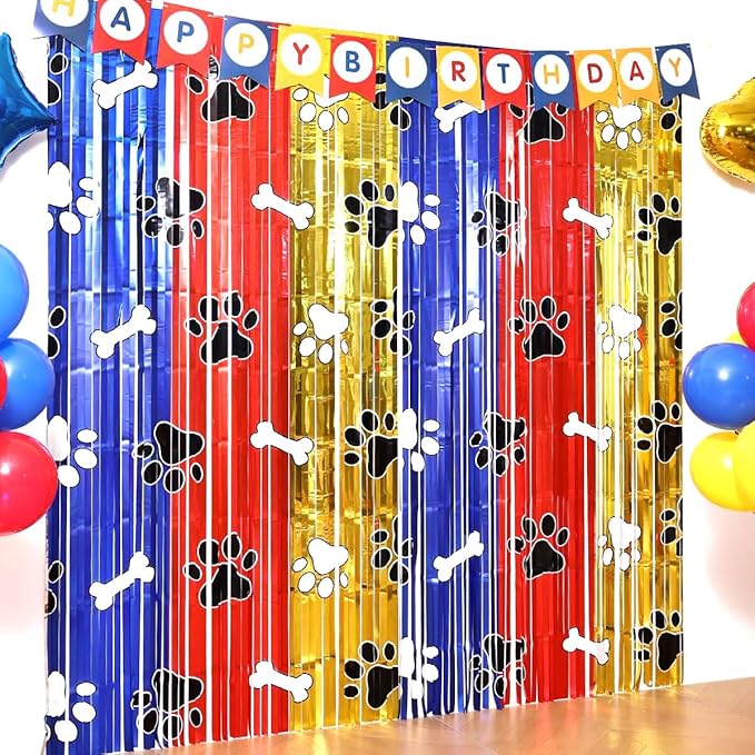 Playful Paw Party Decor Kit with 15 Balloons - 2 Pack 3.3x6.6ft Tinsel Fringe Curtains Backdrop, Paw Photo Booth Props, Animal Birthday Party Supplies for Kids & Boys Room Decor