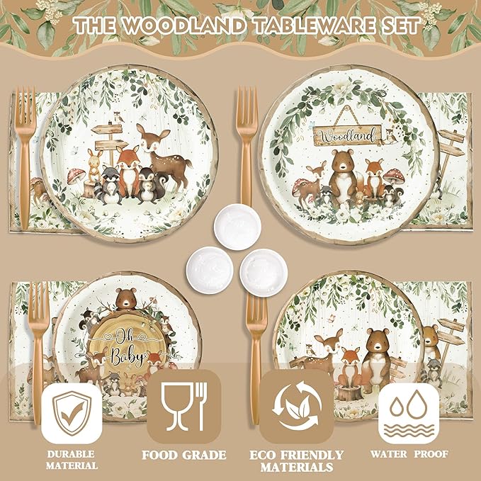 Woodland Baby Shower Party Supplies - 144 Pcs Serve 24 Guests, Safari Jungle Animal Party Decorations Include Plates and Napkins, Cups, Straws, Forks