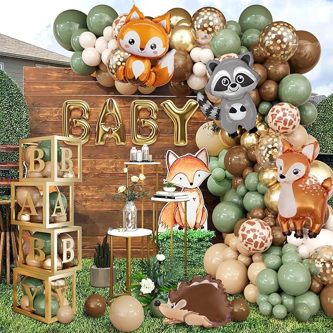 Amandir 137pcs Woodland Animals Baby Shower Decoration Boxes Sage Green Brown Balloon Garland Arch Kit Woodland Themed Animal Foil Balloons for Neutral Forest Jungle Safari Party Supplies