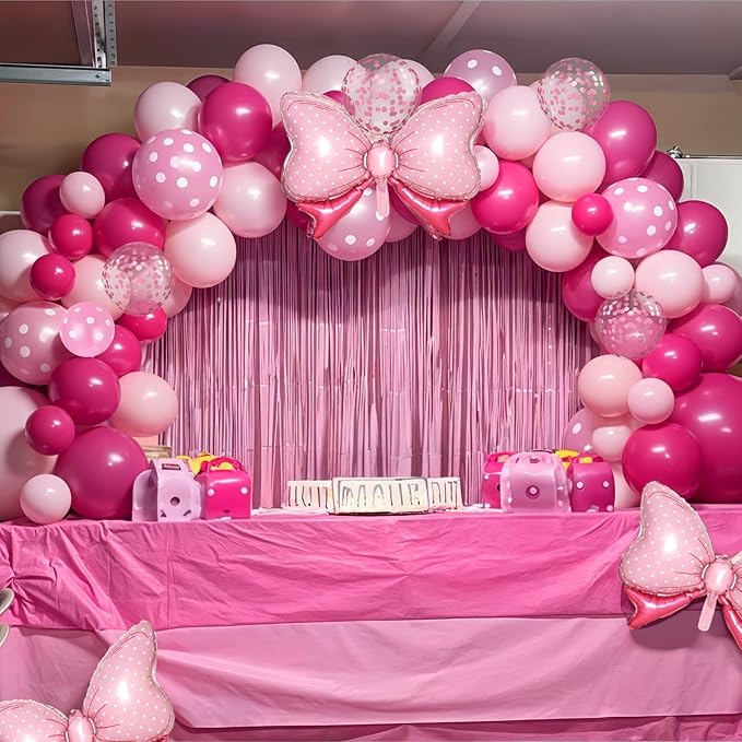 Pink Bow Balloons, 62Pcs 12Inch Hot Pink Bow Foil Balloons Set, Polka Dot and Confetti Latex Balloon for Girls Women Birthdays Baby Shower Bridal Bachelorette Cartoon Theme Valentine Party Decoration