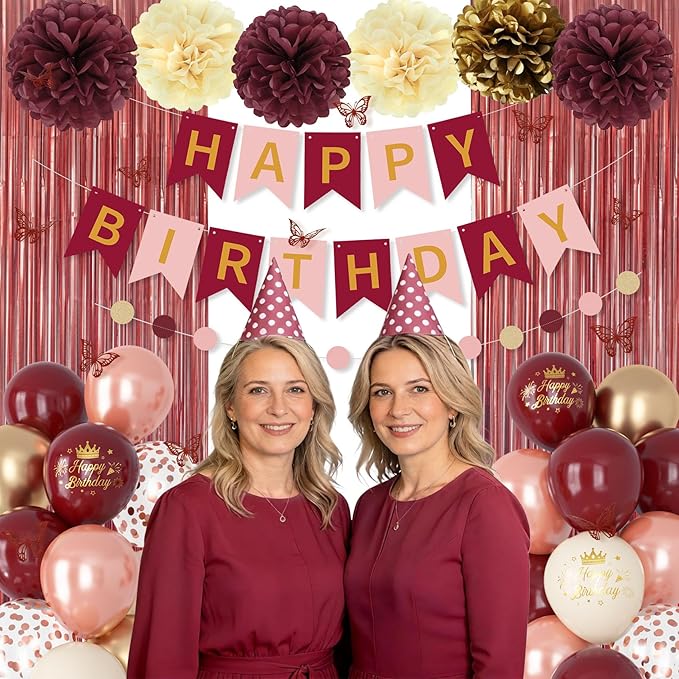 Burgundy Birthday Decorations for Women Girls, Pearl Pink Rose Gold Sand Metallic Printed Balloons Butterfly Stickers Fringe Curtain Happy Birthday Banner Circle Dot Paper Pompom Party Supplies