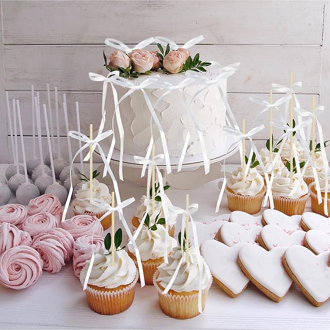Ephlyn 30Pcs Bow Cupcake Toppers Valentine's Bowknot Ribbons Coquette Bow High Footed Cup Balloon Wall Party Decorations Cake Dessert Picks Baby Girl Birthday Wedding Party Supplies White