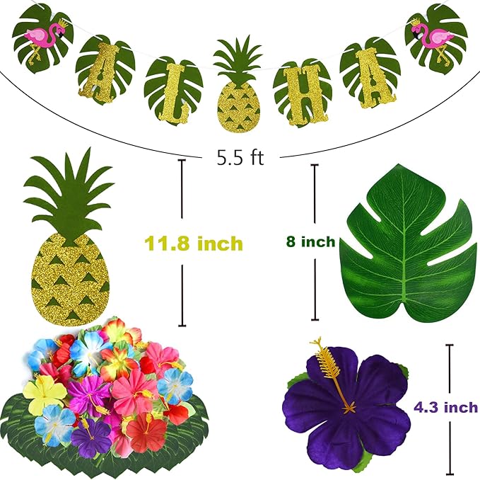 Tropical Luau Party Decoration Pack Hawaiian Beach Theme Party Favors Luau Party Supplies (112 PCS) including Banner, Table Skirt, Straws, Flamingo, Pineapple Décors.