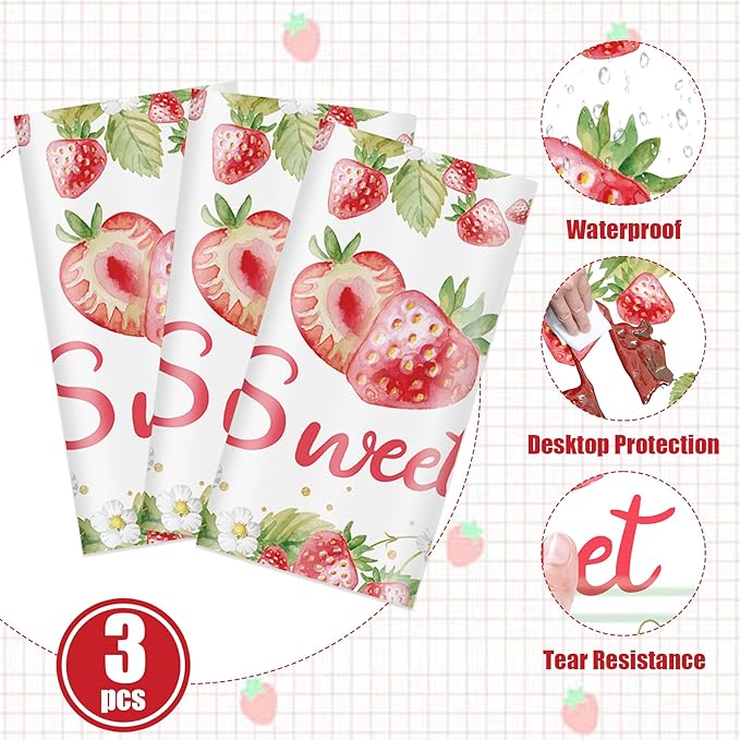 3Pcs Strawberry Tablecloth, 54 x 108 Inch Pink Checkered Plastic Tablecloth, Berry Sweet One Table Covers for Baby Shower, Strawberry Birthday Party, Berry First Birthday Decorations