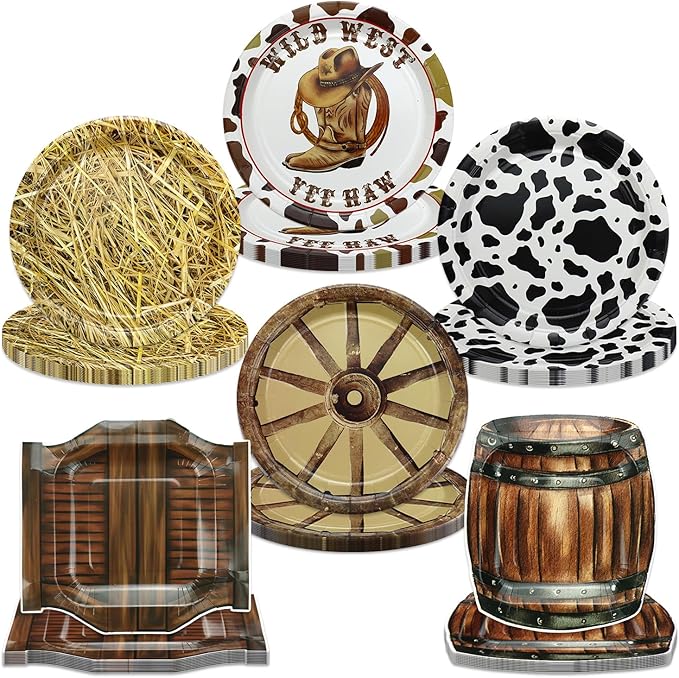 60 Pcs Western Cowboy Party Plates, 9'' Wild West Theme Print Plates for Cowboy Baby Shower Decorations Western Party Decorations