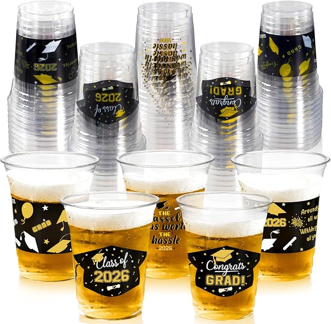 GuassLee Black and Gold Graduation Decorations 2026 Party Cups - 50pcs 12 Oz Black Gold Disposable Graduation Plastic Cups for Drinks Class of 2026 Grad Party Supplies