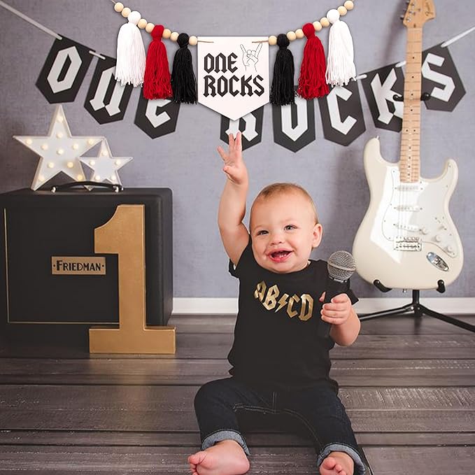 Gostman One Rocks High Chair Banner - Rock And Roll 1st Birthday Party Decorations,Black First Birthday Party Supplies (one rocks banner)