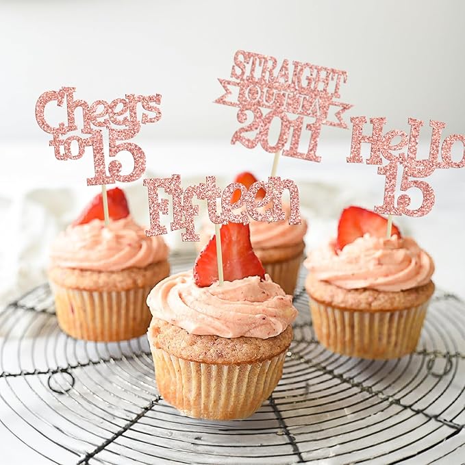 Ephlyn 24Pcs 15th Birthday Cupcake Toppers Glitter Straight Outta 2011 Cupcake Picks Hello 15 Cheers to 15 Years Cake Decorations for 15th Birthday Anniversary Party Decorations Supplies Rose Gold