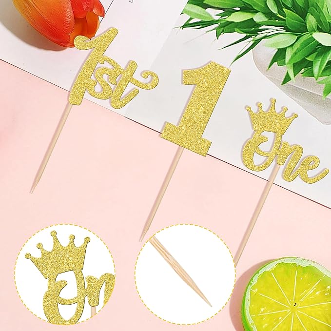 24 PCS 1st Birthday Cupcake Toppers - Glitter Crown Cupcake Picks for Baby Shower Kids 1st Birthday Boho Theme Party Cake Decorations - Gold