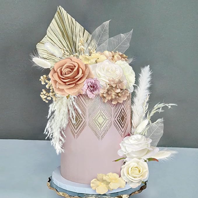 33 PCS Boho Cake Topper Decorations Vintage Artificial Rose Flowers Leaves Various Dried Pampas Grass for Cake Decorating Kit for Wedding Bridal Birthday Party Supplies (Light Brown)