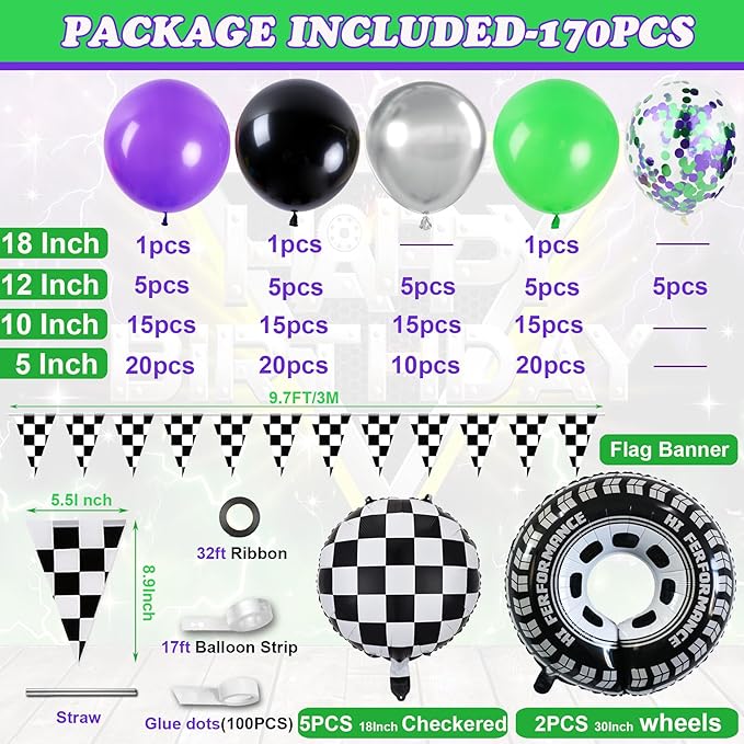 Truck Balloons Arch Kit,170Pcs Purple Black Green Metallic Silver Confetti Balloons Wheel Checkered Balloon for Kids Birthday Party,Monster Race Car Truck Theme Party Decorations Supplie