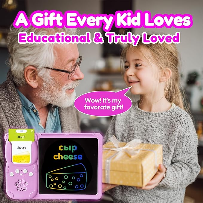 Drawing Tablet with Bilingual Flashcards for Kids - Russian English Talking Flash Cards, LCD Writing Pad Board, Pocket Speech for Toddlers, Learning Toy Gift for Boys Girls (Russian, Pink)