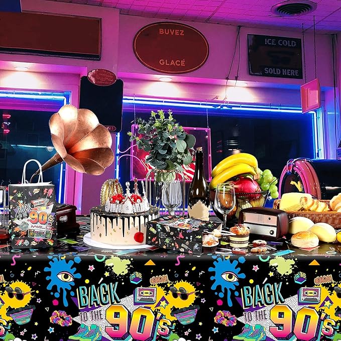 Tegeme 6 Pcs 90s Plastic Party Table Cover Back to The 90's Tablecloth 90s Birthday Party Decoration The 90's Hip Hop Supplies Throwback Birthday Decor for Room Kitchen 54 x 108 Inch